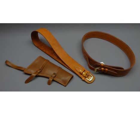 Mexican brown leather gunbelt with cartridge loops, another plain and a leather Rifle sling (3) Condition Report Click here f