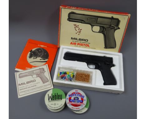 Milbro G10 .177 repeater air pistol, with instructions in original packaging and box, with csrd targets, two part tins of pel