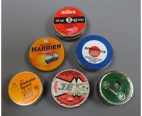 Quantiy of .22cal air gun pellets by various makers in six tins  