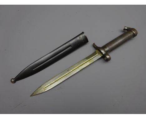 Swiss bayonet, 21cm fullered blade stamped EJ Crown AB & Crown over 450, cross cut grip, L33.5cm, steel scabbard stamped 7/1.