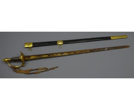 A British 1796 pattern heavy cavalry officer's Dress sword, 84.5cm blue and gilt blade, wire bound grip with boat guard and v