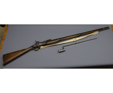 Victorian British Percussion breech loading three-band Snider type Carbine, 90cm barrel with ladder sight, plain action marke