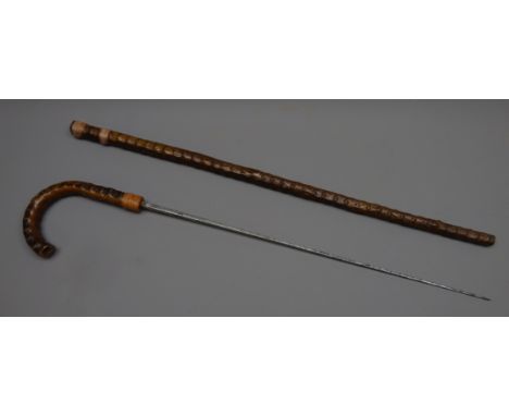 Victorian figured wood Sword Stick, 54.5cm square tapering steel blade stamped  Coulaux & Klingenthal, 4, L87cm  Condition Re