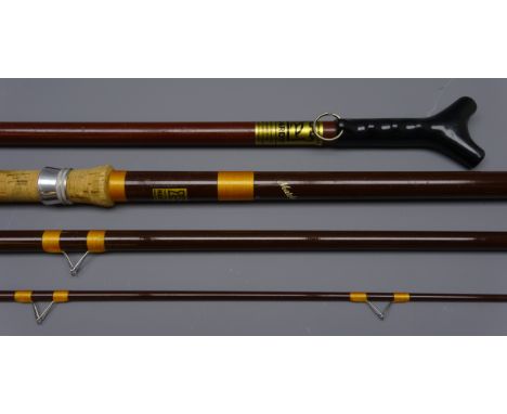House of Hardy, 13' Matchmaker three piece fibreglass Coarse fishing rod, brown with gold whippings, in blue rod bag and a Ho