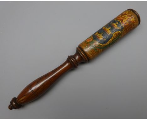 Victorian turned mahogany tipstaff painted with the Victorian cypher and three crowns crest for Hull L25cm Condition Report C