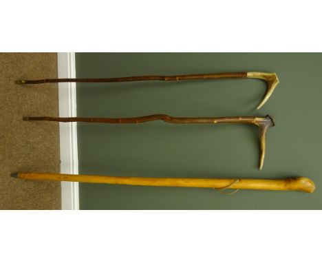 Two thorn walking sticks with Stag horn handles and an Alpine walking stick, L130cm max (3)