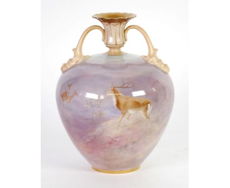 ROYAL DOULTON 'LUSCIAN WARE' HAND PAINTED POTTERY TWO HANDLED VASE of ovoid form with cherub mask moulded handles to the urn 