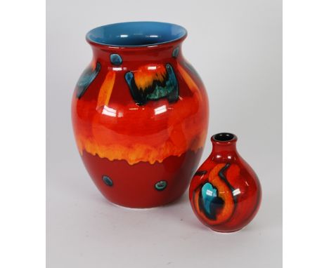 TWO MODERN POOLE POTTERY 'VOLCANO' PATTERN VASES one of ovoid form with waisted neck, 9 3/4" (24.8cm) high, the other of balu