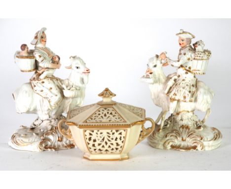 PAIR OF LATE EIGHTEENTH CENTURY DERBY PORCELAIN GROUPS,  modelled as The Tailor of Gloucester and his wife sat on the backs o