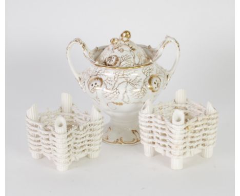 19th CENTURY ROCKINGHAM STYLE PORCELAIN TWO HANDLED PEDESTAL SUGAR BOWL AND COVER, with high scroll handles and bud finial, p