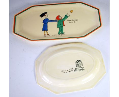 TWO A. J. WILKINSON/JOAN SHORTER 'KIDDIES WARE' POTTERY PLATTERS of canted oblong form, painted in bright tones with matching