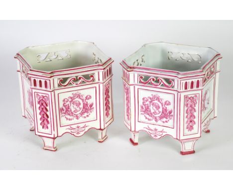 PAIR OF GIEN, FRENCH PORCELAIN JARDINIERES EACH OF SQUARE CANTED FORM WITH TAPERING OBLONG FOOT, puce painted with panels con