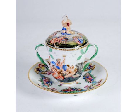 MODERN CAPO DI MONTE, ITALIAN, MOULDED PORCELAIN CHOCOLATE CUP, COVER AND SAUCER, decorated with classical scenes and ribbon 