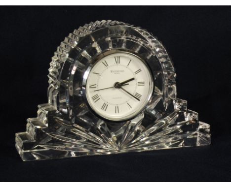 WATERFORD CUT GLASS MANTLE CLOCK in a fan shaped case, 5" (12.7cm) high, stencilled mark