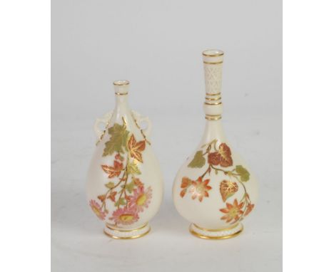 TWO LATE VICTORIAN ROYAL WORCESTER IVORY CHINA SMALL VASES gilt printed and painted with flowers, one of bottle form with mou