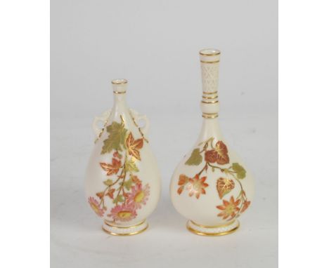 TWO LATE VICTORIAN ROYAL WORCESTER IVORY CHINA SMALL VASES gilt printed and painted with flowers, one of bottle form with mou