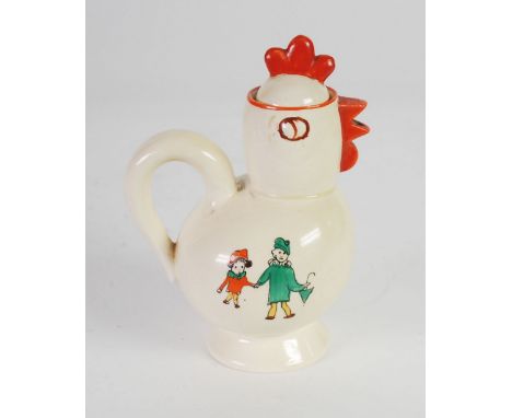 A. J. WILKINSON/JOAN SHORTER 'KIDDIES WARE' COCKEREL PATTERN NOVELTY POTTERY CHILD'S TEA POT AND COVER of pedestal form with 