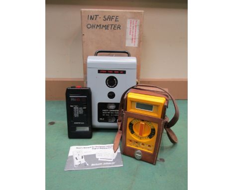 A boxed Fairey safety ohmmeter MK7 Type CP55 together with a leather cased Beckman HD110 digital multimeter and digital Avome