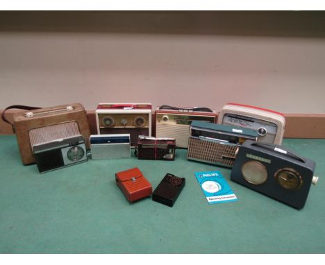 Ten 1950's and early 1960's portable transistor radios to include Dynatron 'Nomad' model TP10, Regency TR-G1 in leather carry