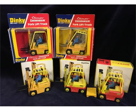 Five Dinky Climax Conveyancer Fork Lift Trucks in original boxes and assorted colourways