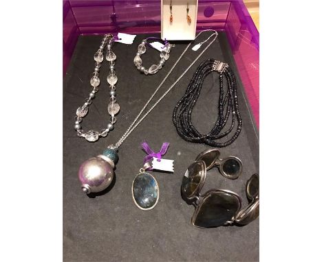 A selection of semi precious stone jewellery on silver to include a large stone bangle , a pendant, a large silver ball neckl