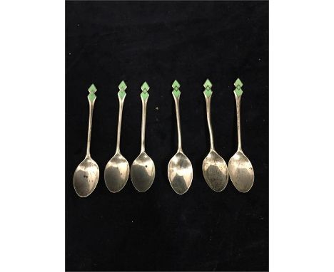 A set of six silver Art Deco demitasse  spoons with green enamel