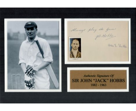 Sir Jack Hobbs 12x8 inch mounted signature piece includes signed album page vintage photo and name plaque. Good condition. Al