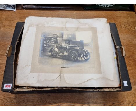 MISC. PHOTOGRAPHS &amp; EPHEMERA:&nbsp;a box, including large vintage photograph of an early motor car (waterstaining and dam