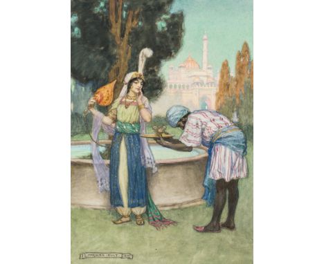 Middle East - Original illustration.- Ault (Norman) 'In an Indian Garden', illustration for p. 24 from "Caravan Tales", water