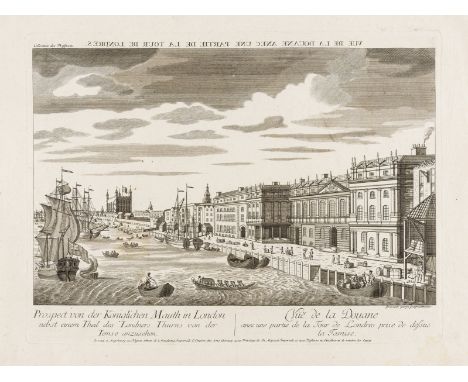 London.- Vues d'Optique.- Three views of the River Thames, Fenchurch Street, and Monument, two lettered in French and German 