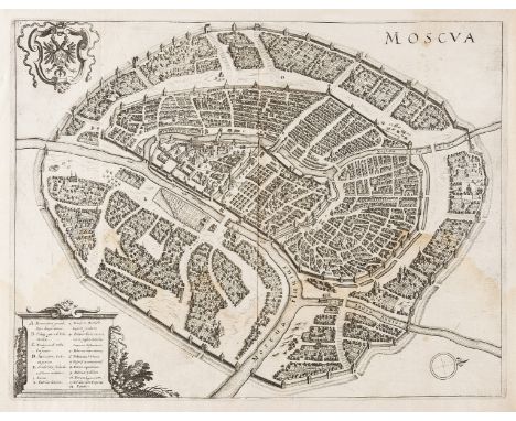 Russia.- Merian (Matthaeus) Moscua [Bird's-eye plan of Moscow], north orientated to the right, with coat of arms upper left, 