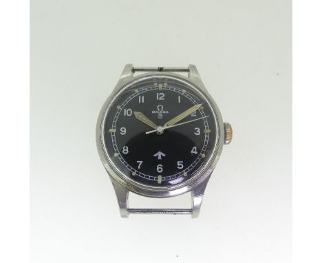 An Omega stainless steel gentleman?s British Military RAF Wristwatch, dated 1953, ref. 2777-1 SC, the black ?Fat Arrow? dial 