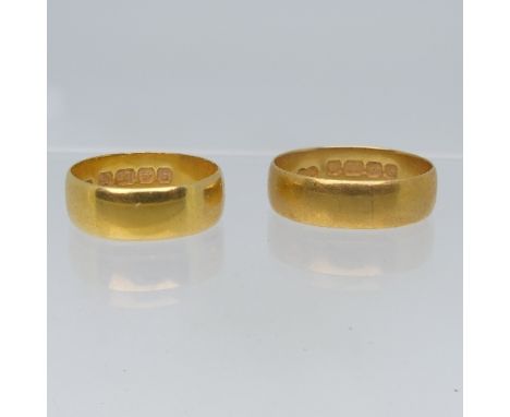 Two 22ct yellow gold Bands, one Size M, the other K, approx total weight 7.6g (2) 
