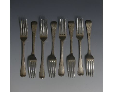A set of seven George III silver Forks, by William Eley &amp; William Fearn, hallmarked London, 1814, Old English pattern, to