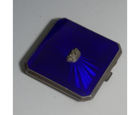 An Elizabeth II silver and enamel Powder Compact, by&nbsp;John William Barrett, hallmarked Birmingham, 1958, of square form w