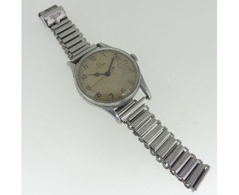 An Omega British Military stainless steel gentleman's Wristwatch, with silvered dial, black Arabic numerals and centre second