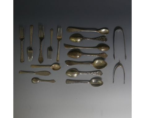 A quantity of mixed silver Flatware, including a pair of 'wishbone' shaped Sugar Nips, Birmingham, 1947, a pair of George III