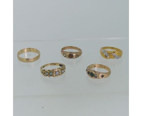 A small five stone opal Ring, mounted in 9ct gold, Size N, together with a 9ct gold band, Size Q, two other rings in 9ct gold