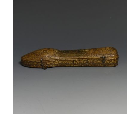 A late 18thC Continental leather Travelling Case, for knife,fork and spoon, no contents,&nbsp;the centre of the hinged cover 
