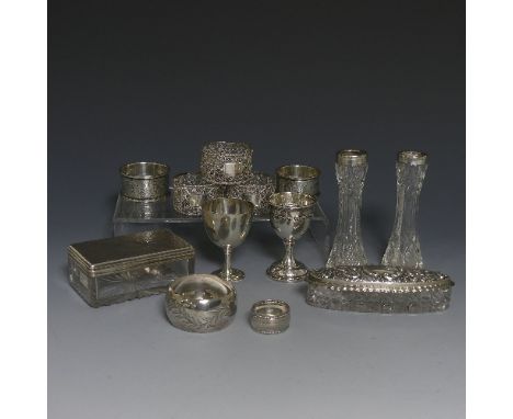 A quantity of Silver and Silver Plate, including a Victorian silver mounted dressing table jar, London 1856, two silver napki