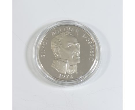 A Republic of Panama 20 Balboas silver Proof Coin, dated&nbsp; 1974, with portrait of Simon Bolivar 1783-1830, 6cm diameter, 