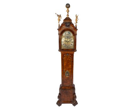 A Dutch burr-walnut longcase clock,Signed Gerrit Messer, late 19th century,The burr-walnut case on claw feet, the hood with o