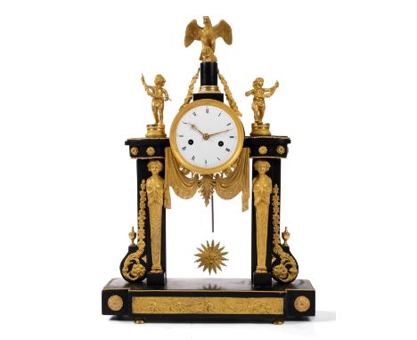 A Louis XVI ormolu-mounted black marble mantel clock 'pendule portique',Late quarter 18th century,The black marble case decor