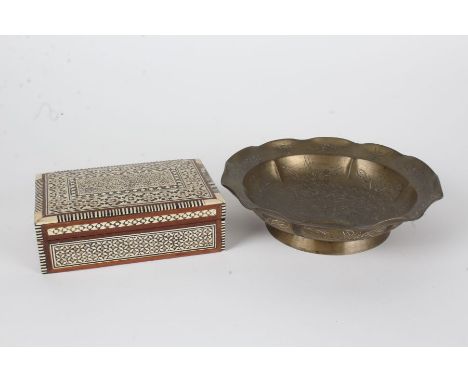 Chinese brass shallow bowl, with frilled rim and centred with a dragon, 20cm diameter, and an Eastern inlaid trinket box, wit