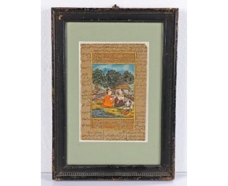 India, a 19th Century illustrated manuscript leaf, with a scene depicting three figures by a river and huts with large trees 