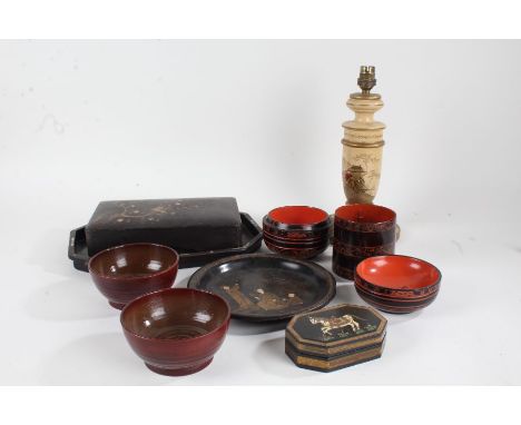 Quantity of various Chinese lacquered items, to include a chinoiserie table lamp base, various bowls, boxes, a large 20th cen