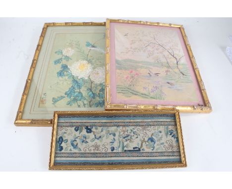 Chinese embroidered panel, Qing dynasty, the oblong textile depicting a figure amongst blossoming flowers and branches, house