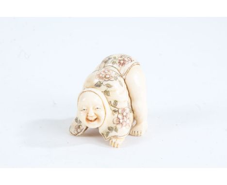 Japanese Meiji period carved ivory netsuke, in the form of a father and son, character mark to base, 3cm high