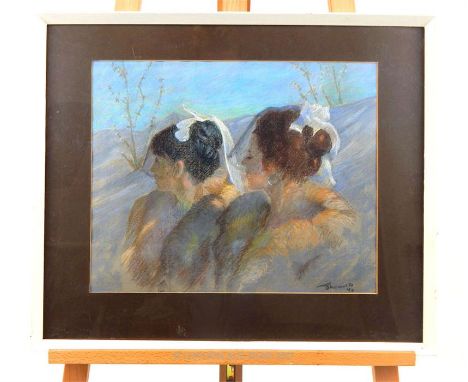 A pastel portrait of two ladies wearing fur coats with bows in their hair, signed indistinctly lower right, sight size 36 x 4