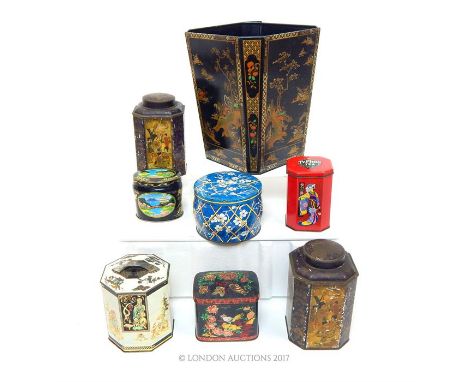 A collection of vintage tins, including a Huntley & Palmers tin decorated with flowers on a blue ground, an Oriental style wa